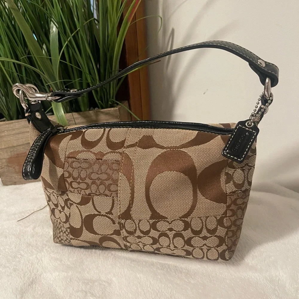 Coach Brown Signature Jacquard Shoulder Bag with Black Trim